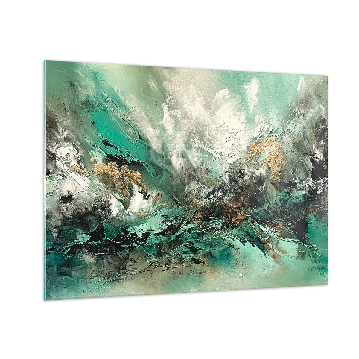 Obraz na szkle - Abstrakcyjna kompozycja w odcieniach szmaragdu, czerni i bieli - 70x50cm - Szmaragdowo-czarna kipiel - Nowoczesna dekoracja ścienna do salonu i sypialni ARTTOR