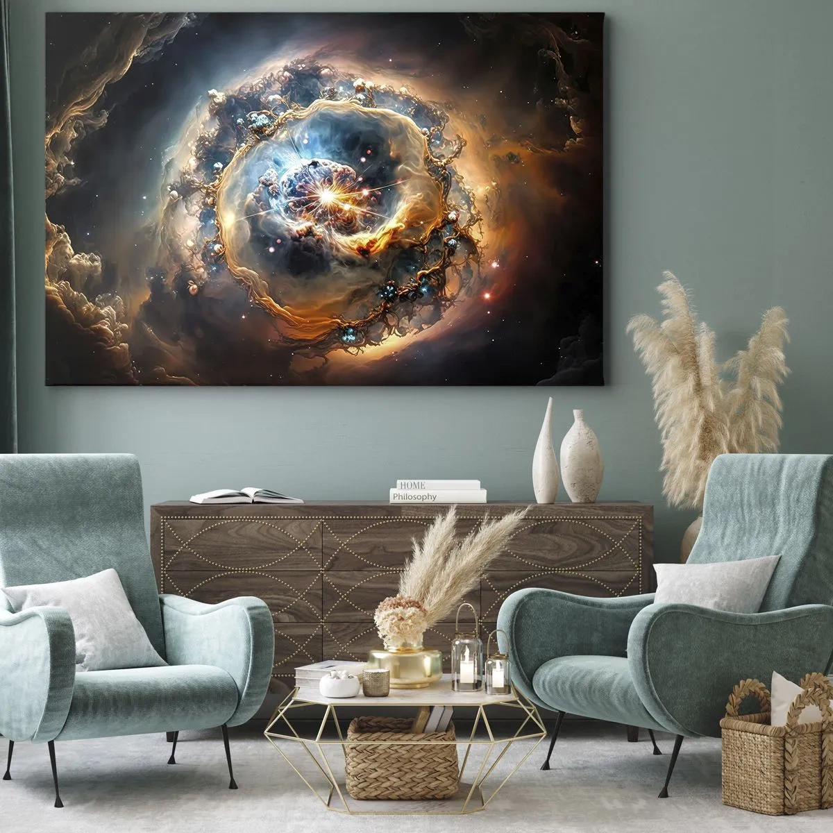 Obraz na płótnie - Abstrakcyjna wizja kosmicznej eksplozji w odcieniach złota i błękitu - 70x50cm - Początek - Nowoczesna dekoracja ścienna do salonu i sypialni ARTTOR