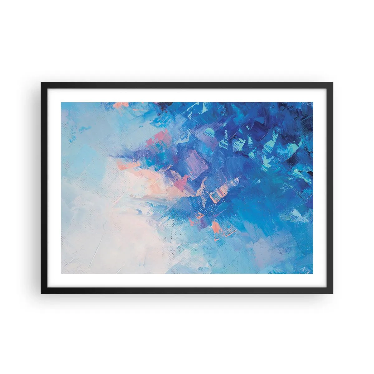 Plakat w czarnej ramie - Abstrakcyjna kompozycja w odcieniach błękitu i różu - 70x50cm - Zimowa abstrakcja - Nowoczesna dekoracja ścienna do salonu i sypialni ARTTOR