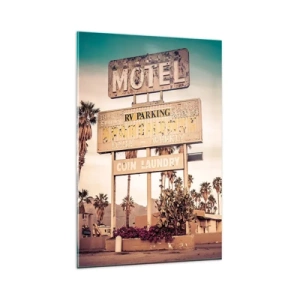 Obraz na szkle - Retro szyld motelu otoczonego palmami - 80x120cm - Tu czas się zatrzymał - Nowoczesna dekoracja ścienna do salonu i sypialni ARTTOR