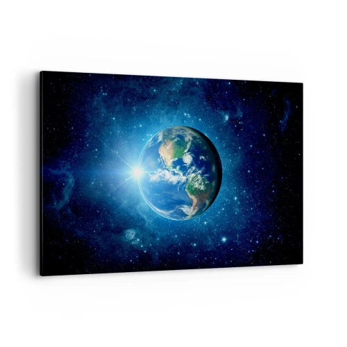 Obraz na płótnie - Ziemia w kosmosie otoczona gwiazdami i światłem - 120x80cm - Jesteśmy w niebie - Nowoczesna dekoracja ścienna do salonu, kuchni i sypialni ARTTOR