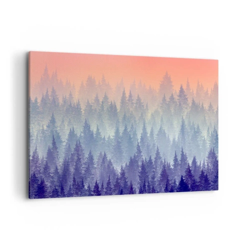 Obraz na płótnie - Mglisty las w odcieniach fioletu i pomarańczu - 100x70cm - Wysoko, wyżej, do nieba - Nowoczesna dekoracja ścienna do salonu, kuchni i sypialni ARTTOR