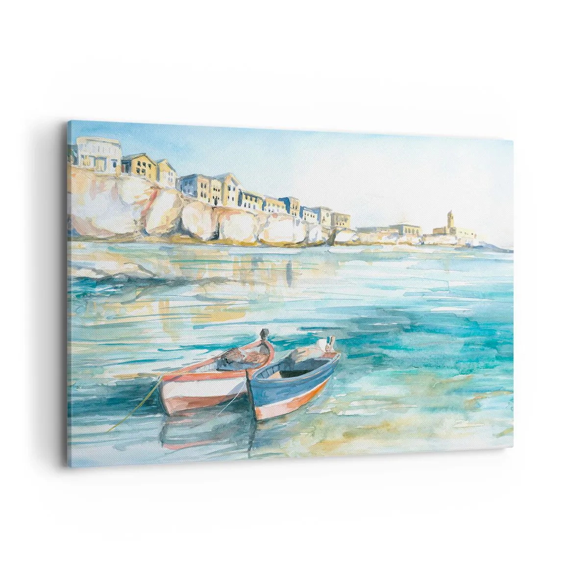 Obraz na płótnie - Malowniczy krajobraz nadmorski z łodziami na wodzie - 100x70cm - Pejzaż w lazurze - Nowoczesna dekoracja ścienna do salonu, kuchni i sypialni ARTTOR