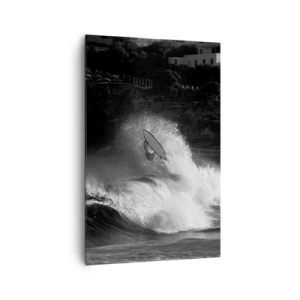 Obraz na płótnie - Surfer na fali w monochromatycznym ujęciu - 80x120cm - Wyzwanie przyjęte! - Nowoczesna dekoracja ścienna do salonu i sypialni ARTTOR
