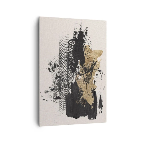 Obraz na płótnie - Abstrakcyjny obraz w czerni i złocie z dynamicznymi liniami i strukturami - 70x100cm - Kompozycja z pasją - Nowoczesna dekoracja ścienna do salonu i sypialni ARTTOR