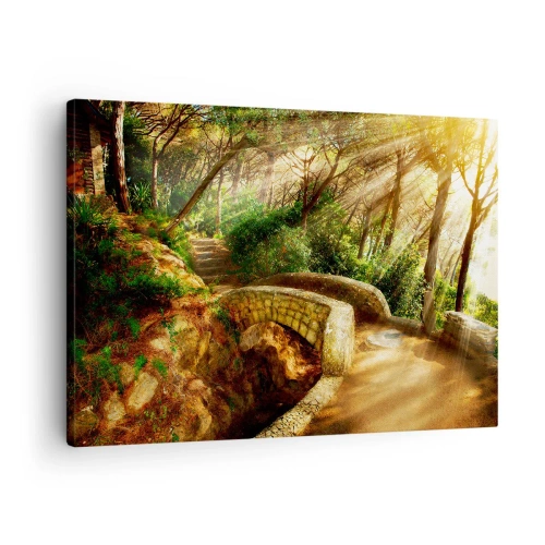 Obraz na płótnie - Leśny krajobraz z promieniami słońca i kamiennym mostkiem - 70x50cm - Prosto z mostku w baśniowy las - Nowoczesna dekoracja ścienna do salonu i sypialni ARTTOR