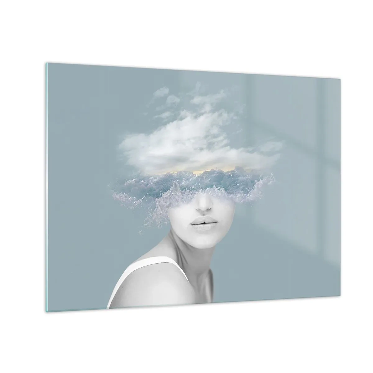 Obraz na szkle - Twarz kobiety połączona z niebem i chmurami w surrealistycznej wizji - 70x50cm - Z głową w chmurach - Nowoczesna dekoracja ścienna do salonu i sypialni ARTTOR