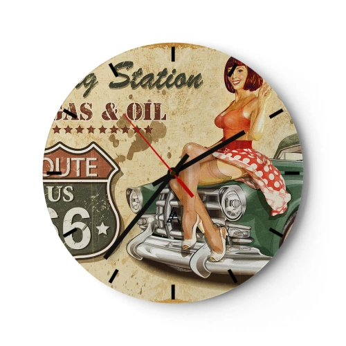 Zegar ścienny - Pin-up girl i samochód w stylu retro - 30x30cm - Wspaniałe lata 40. - Nowoczesna dekoracja ścienna do salonu, kuchni i sypialni ARTTOR