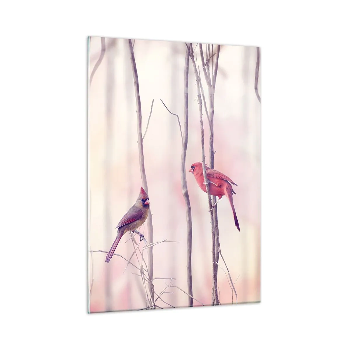 Obraz na szkle - Dwa ptaki wśród delikatnych gałązek w pastelowej tonacji - 50x70cm - Opowieść różowego lasu - Nowoczesna dekoracja ścienna do salonu, kuchni i sypialni ARTTOR