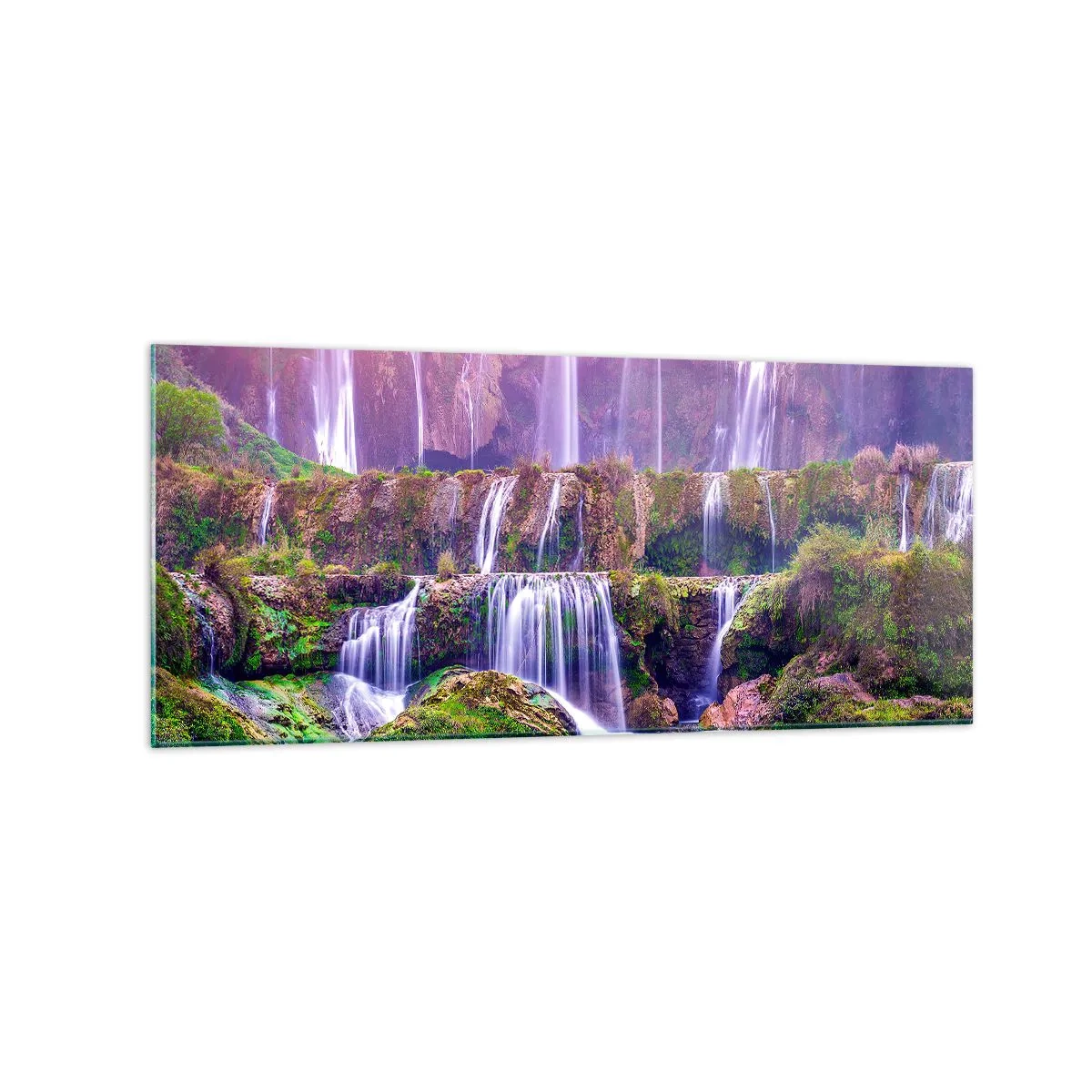 Obraz na szkle - Wodospady otoczone zielenią z pastelowym oświetleniem - 120x50cm - Schody do nieba - Nowoczesna dekoracja ścienna do salonu i sypialni ARTTOR