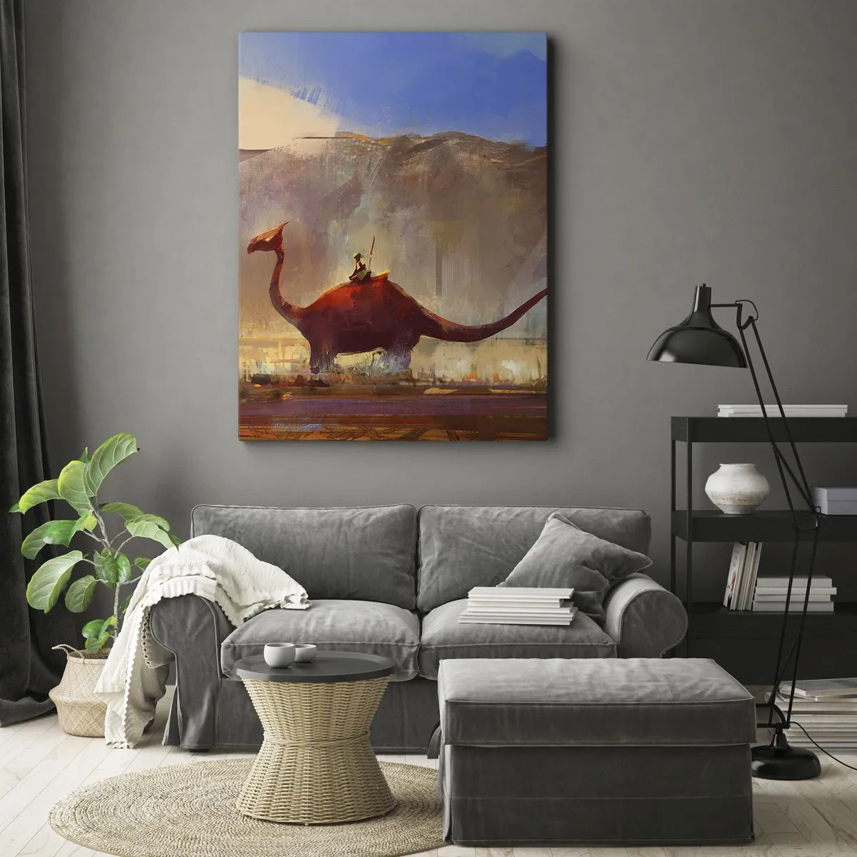 Obraz na płótnie - Fantastyczna ilustracja podróżnika na grzbiecie dinozaura w pustynnym krajobrazie - 50x70cm - Gdyby nie wyginęły - Nowoczesna dekoracja ścienna do salonu, kuchni i sypialni ARTTOR