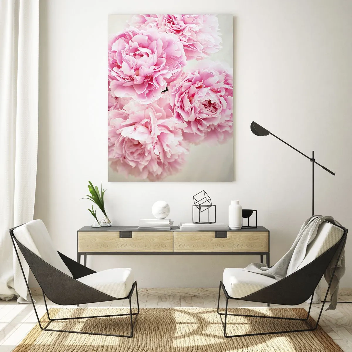 Obraz na szkle - Bukiet pełnych różowych piwonii na jasnym tle - 50x70cm - W różowym przepychu - Nowoczesna dekoracja ścienna do salonu, kuchni i sypialni ARTTOR