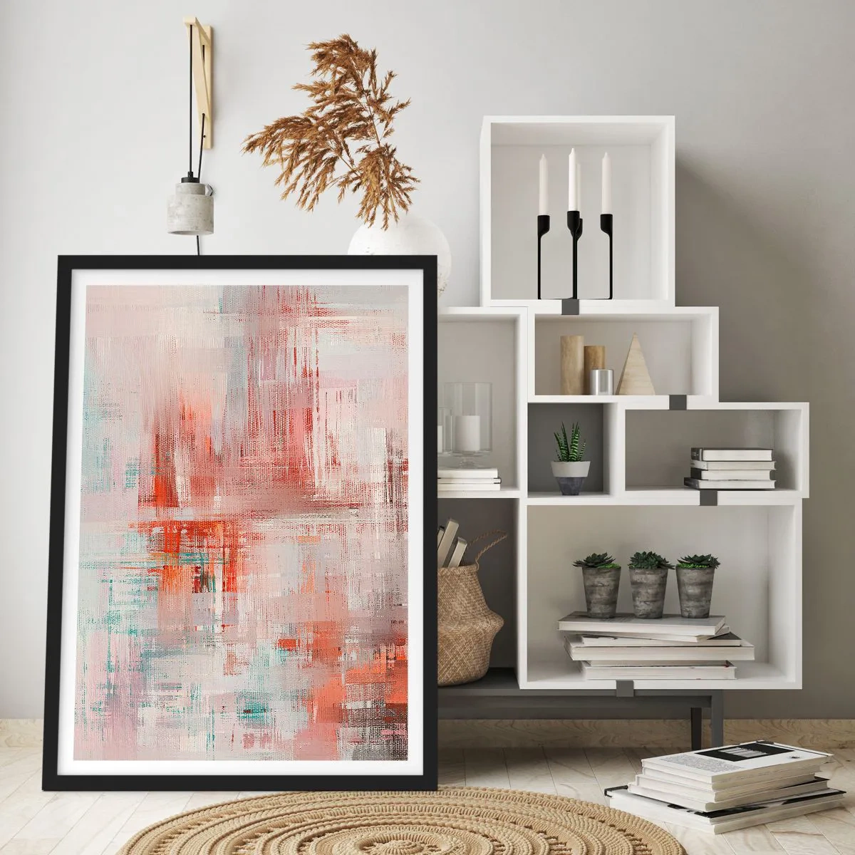 Plakat w czarnej ramie - Abstrakcyjna kompozycja w odcieniach czerwieni i błękitu - 50x70cm - Zamglone. Ale różowe - Nowoczesna dekoracja ścienna do salonu i sypialni ARTTOR