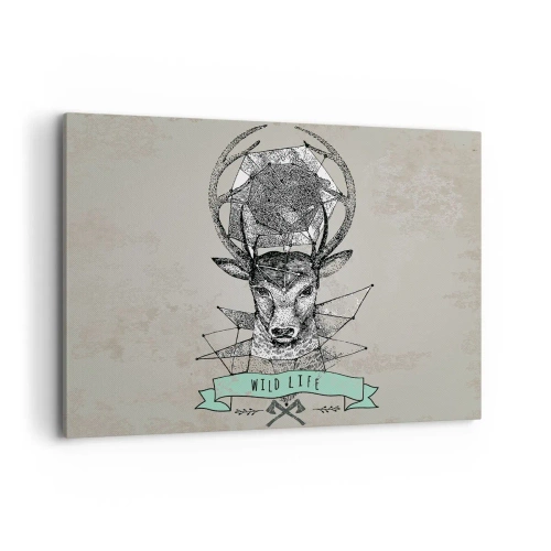 Obraz na płótnie - Geometria jelenia z napisem Wild Life w stylu vintage - 100x70cm - Widzenie św. Hubertusa - Nowoczesna dekoracja ścienna do salonu, kuchni i sypialni ARTTOR