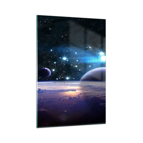 Obraz na szkle - Widok na przestrzeń kosmiczną z planetami i gwiazdami - 80x120cm - Wciąż sami? - Nowoczesna dekoracja ścienna do salonu i sypialni ARTTOR