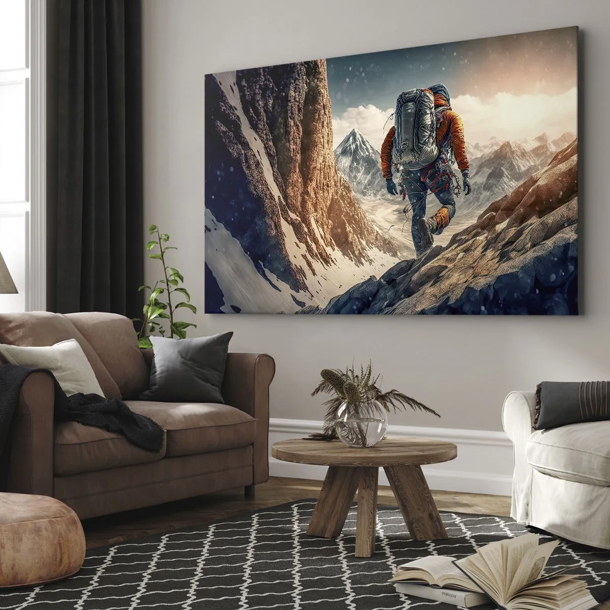 Obraz na płótnie - Wspinacz na górskim szlaku w zimowym krajobrazie - 70x50cm - Samotny wojownik - Nowoczesna dekoracja ścienna do salonu i sypialni ARTTOR
