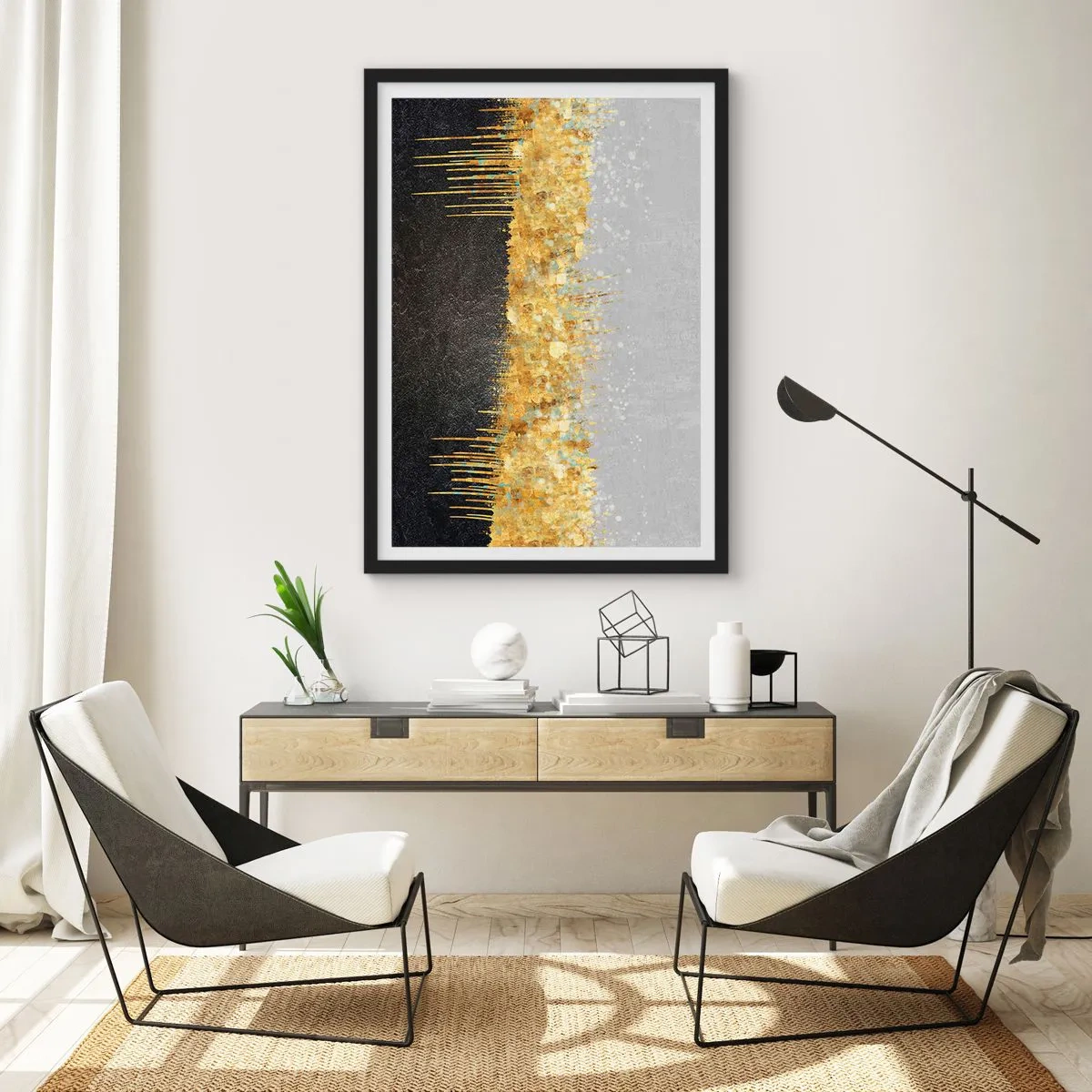 Plakat w czarnej ramie - Abstrakcyjna kompozycja złota, czerni i srebra - 50x70cm - W głąb i ku górze - Nowoczesna dekoracja ścienna do salonu i sypialni ARTTOR