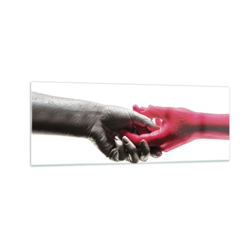 Obraz na szkle - Symboliczne dłonie w srebrnym i czerwonym kolorze - 140x50cm - Razem, choć inni - Nowoczesna dekoracja ścienna do salonu i sypialni ARTTOR