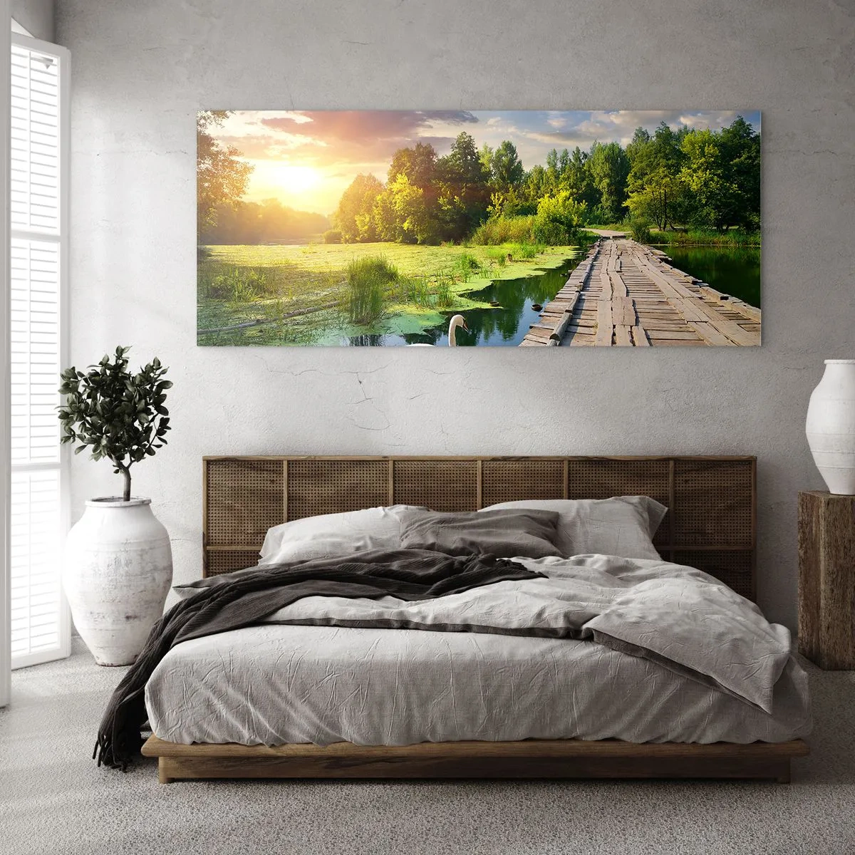 Obraz na szkle - Malowniczy krajobraz z mostkiem i łabędziem - 140x50cm - Lato, lato wszędzie - Nowoczesna dekoracja ścienna do salonu i sypialni ARTTOR