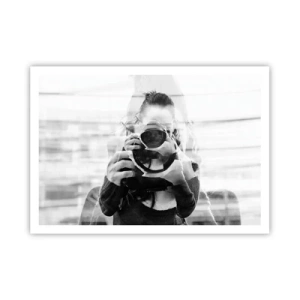 Plakat - Czarno-biały portret fotografa z podwójną ekspozycją - 100x70cm - Twórca i tworzywo - Nowoczesna dekoracja ścienna do salonu i sypialni ARTTOR