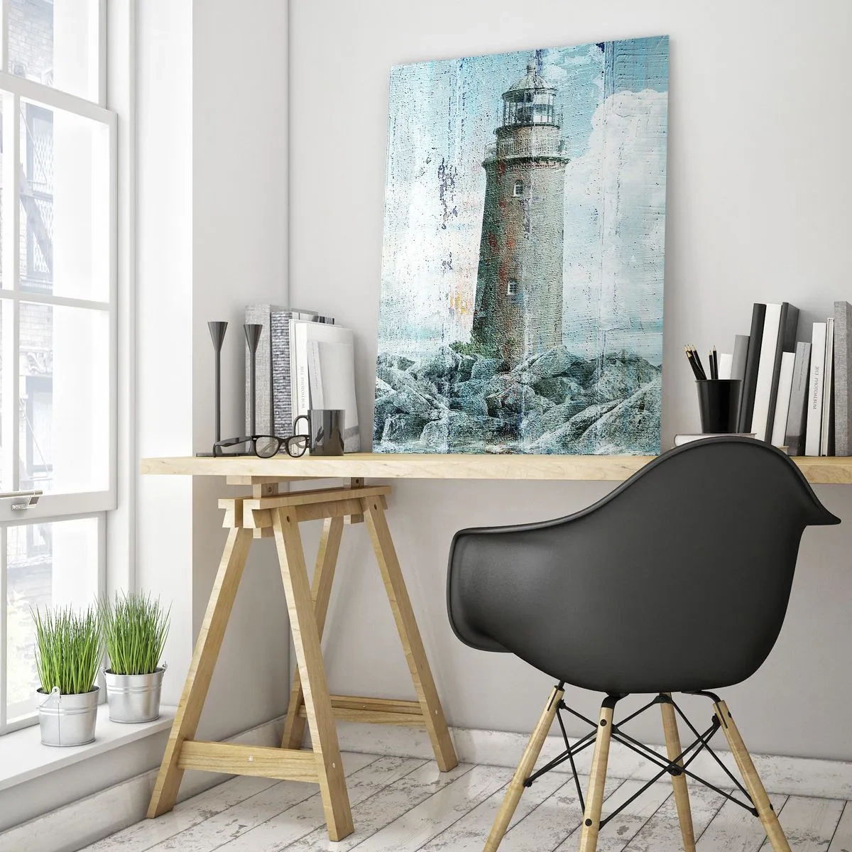 Obraz na szkle - Latarnia morska na tle chmur w stylu vintage - 50x70cm - Na starym drewnie - Nowoczesna dekoracja ścienna do salonu, kuchni i sypialni ARTTOR
