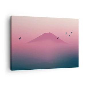 Obraz na płótnie - Minimalistyczny krajobraz z górą i ptakami o wschodzie - 70x50cm - Wędrowcy ponad chmurami - Nowoczesna dekoracja ścienna do salonu i sypialni ARTTOR