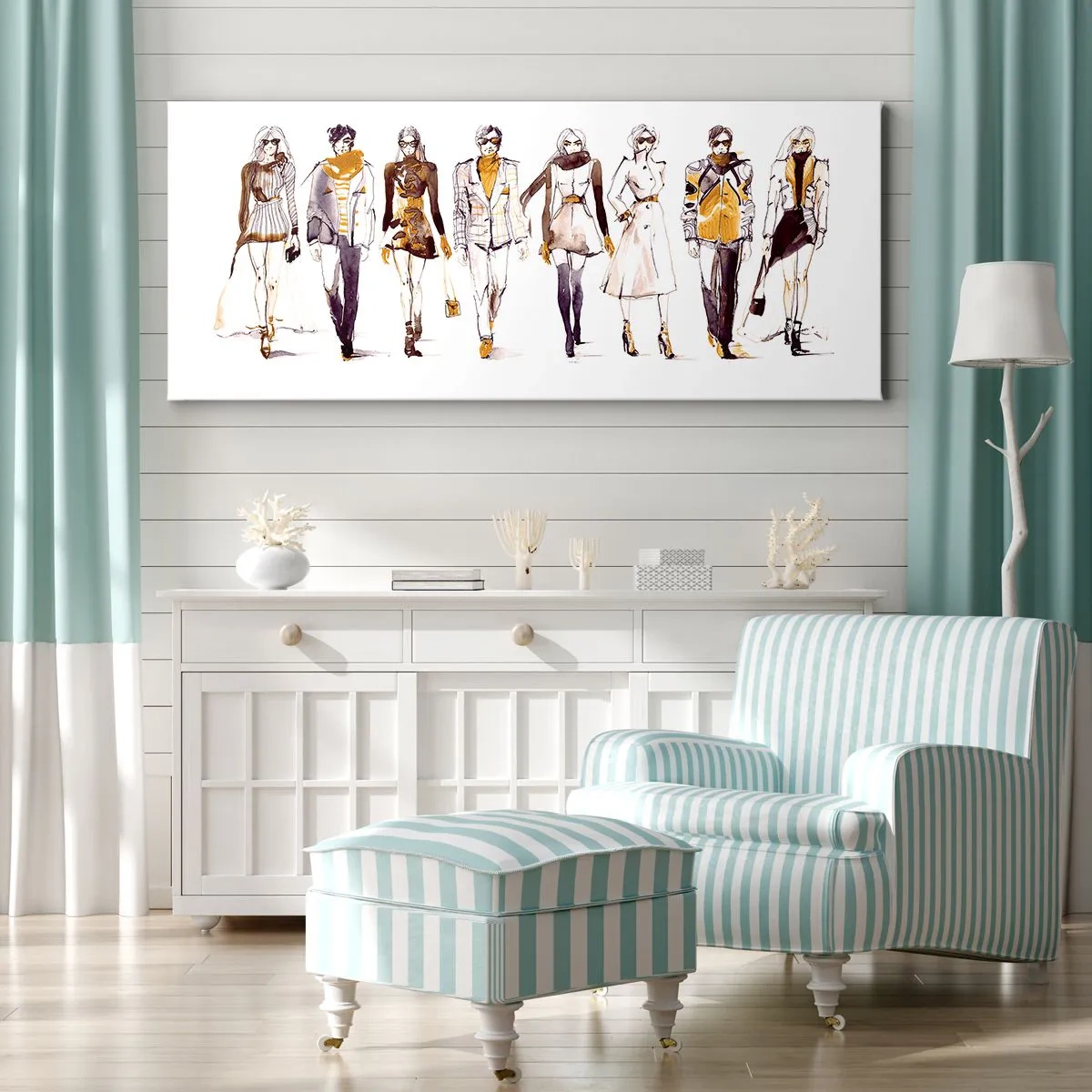 Obraz na płótnie - Szkic grupy osób w stylizacjach modowych - 140x50cm - Niewymuszony szyk, swobodna elegancja - Nowoczesna dekoracja ścienna do salonu i sypialni ARTTOR