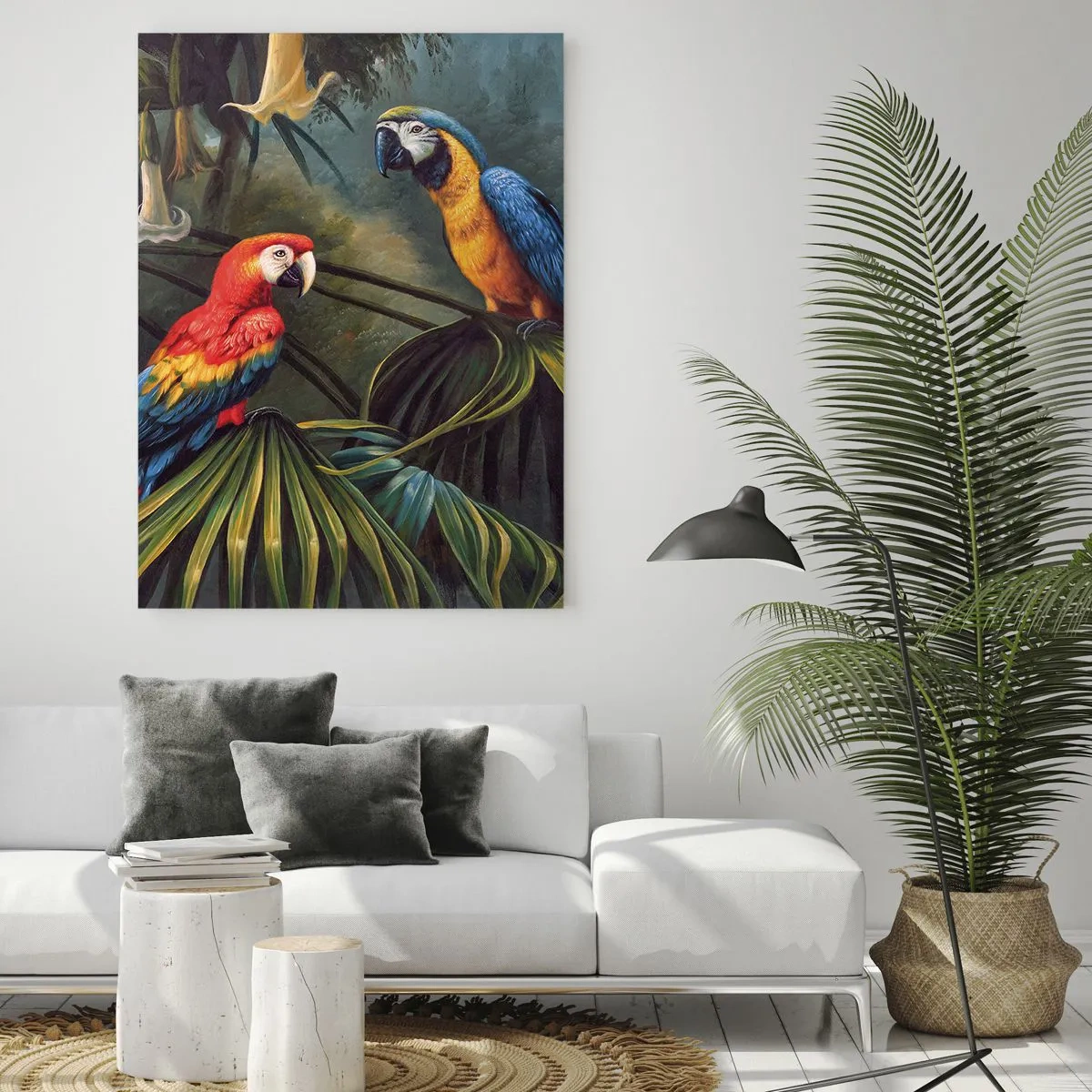Obraz na szkle - Dwa kolorowe papugi na tle tropikalnej dżungli - 50x70cm - Romantyzm w tropikach - Nowoczesna dekoracja ścienna do salonu, kuchni i sypialni ARTTOR