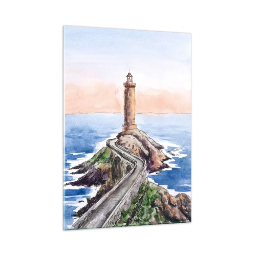 Obraz na szkle - Latarnia morska na skalistym cyplu otoczona spokojnym morzem - 50x70cm - Zwrócona ku morzu - Nowoczesna dekoracja ścienna do salonu, kuchni i sypialni ARTTOR