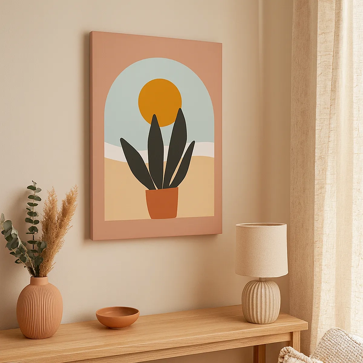 Obraz na płótnie - Minimalistyczna grafika doniczkowej rośliny na tle łuku z słońcem - 50x70cm - Drobne radości - Nowoczesna dekoracja ścienna do salonu, kuchni i sypialni ARTTOR