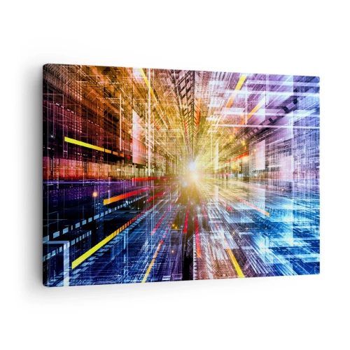 Obraz na płótnie - Dynamiczne światła w futurystycznym korytarzu - 70x50cm - Świetlny korytarz - Nowoczesna dekoracja ścienna do salonu i sypialni ARTTOR