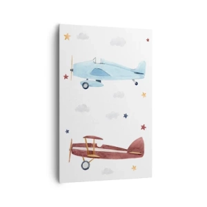 Obraz na płótnie - Ręcznie malowane samoloty na tle chmur i gwiazd - 80x120cm - Panie pilocie, czekamy! - Nowoczesna dekoracja ścienna do salonu i sypialni ARTTOR