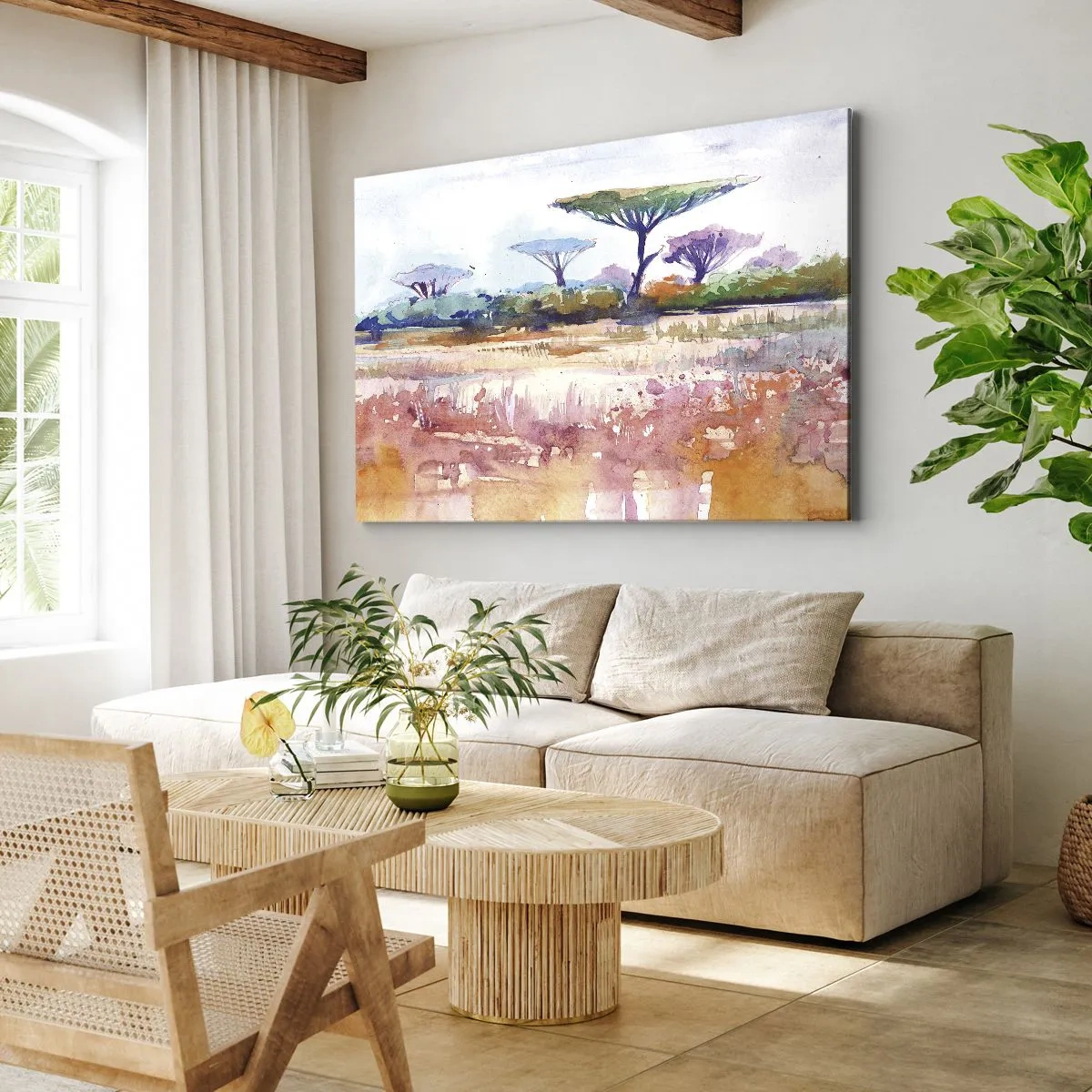 Obraz na płótnie - Malowniczy krajobraz sawanny w akwarelowych barwach - 70x50cm - Kolory sawanny - Nowoczesna dekoracja ścienna do salonu i sypialni ARTTOR