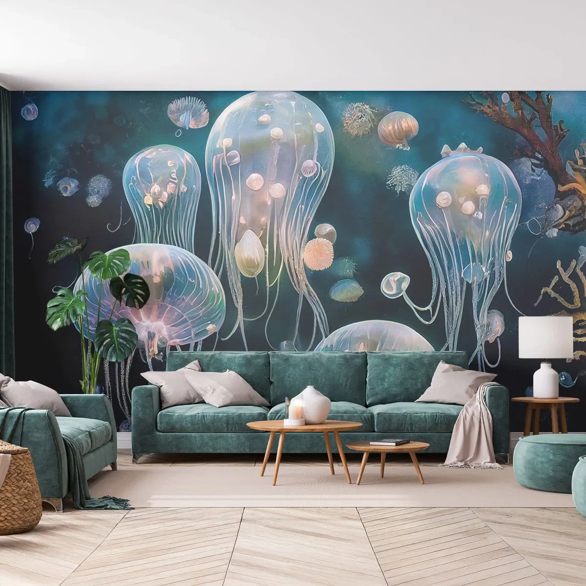 Fototapeta Standard Eco - Świetliste meduzy unoszące się w głębinach oceanu - 100x70cm - Podwodny bal - Nowoczesna dekoracja ścienna do salonu i sypialni ARTTOR