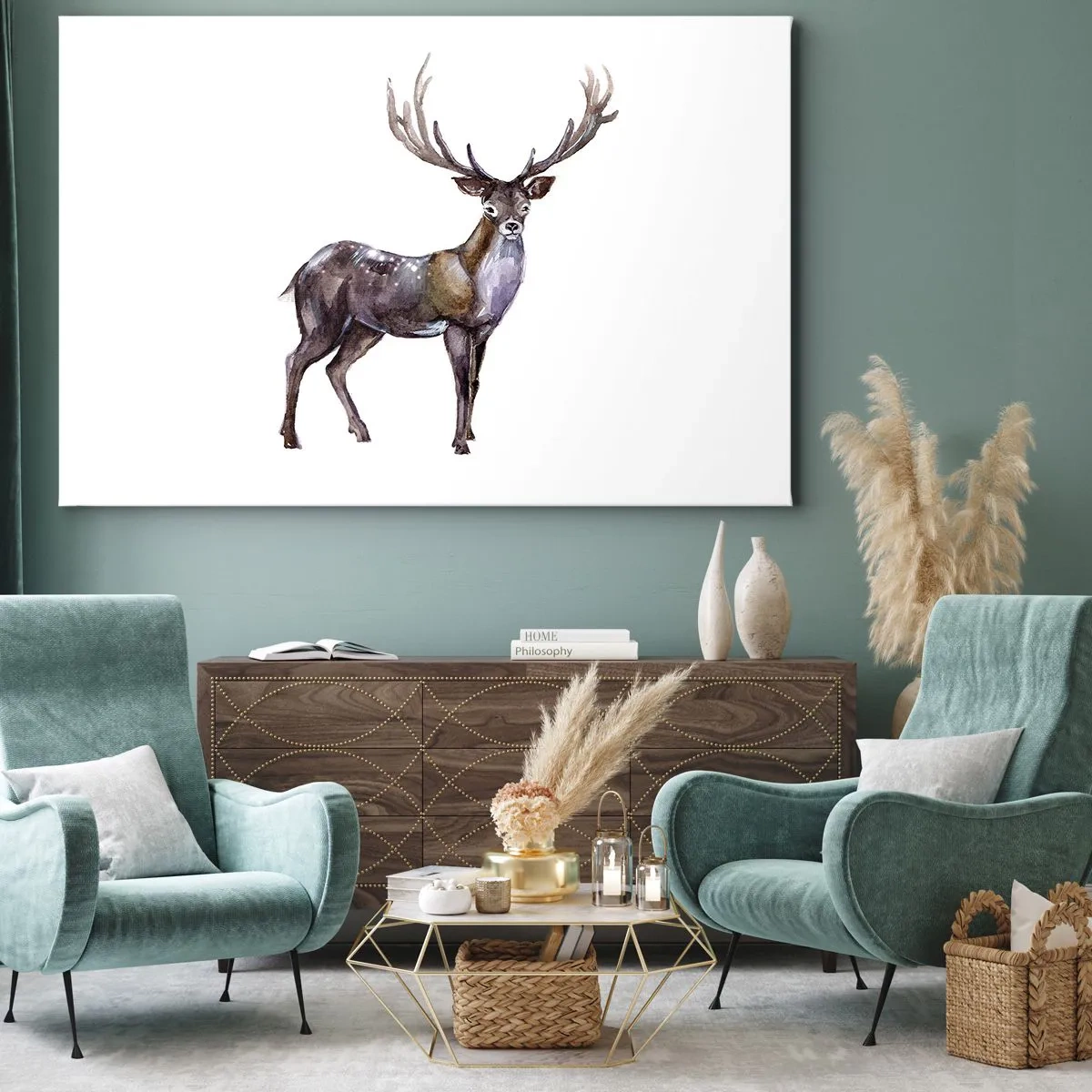 Obraz na płótnie - Akwarelowa ilustracja jelenia z majestatycznym porożem - 70x50cm - Król północnej puszczy - Nowoczesna dekoracja ścienna do salonu i sypialni ARTTOR