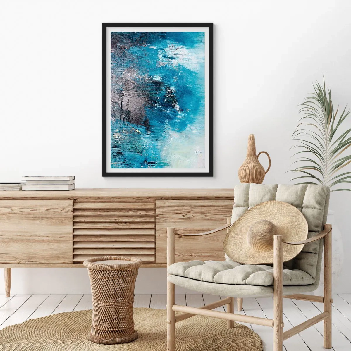 Plakat w czarnej ramie - Abstrakcyjna kompozycja w odcieniach niebieskiego - 50x70cm - Błękitna rapsodia - Nowoczesna dekoracja ścienna do salonu i sypialni ARTTOR