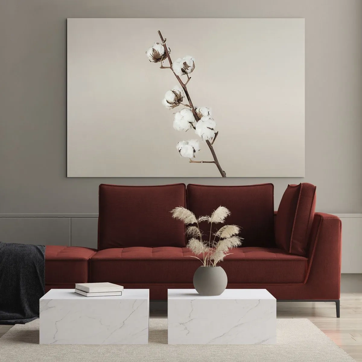 Obraz na szkle - Gałązka bawełny na jasnym, minimalistycznym tle - 70x50cm - U źródła miękkości - Nowoczesna dekoracja ścienna do salonu i sypialni ARTTOR