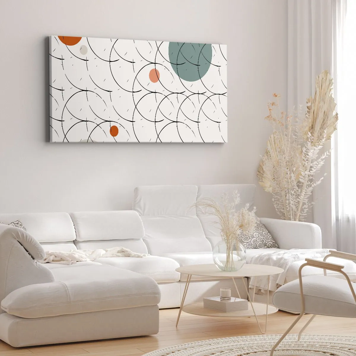 Obraz na płótnie - Geometryczny wzór z kolorowymi okręgami na jasnym tle - 120x50cm - W pop-artowym duchu - Nowoczesna dekoracja ścienna do salonu i sypialni ARTTOR