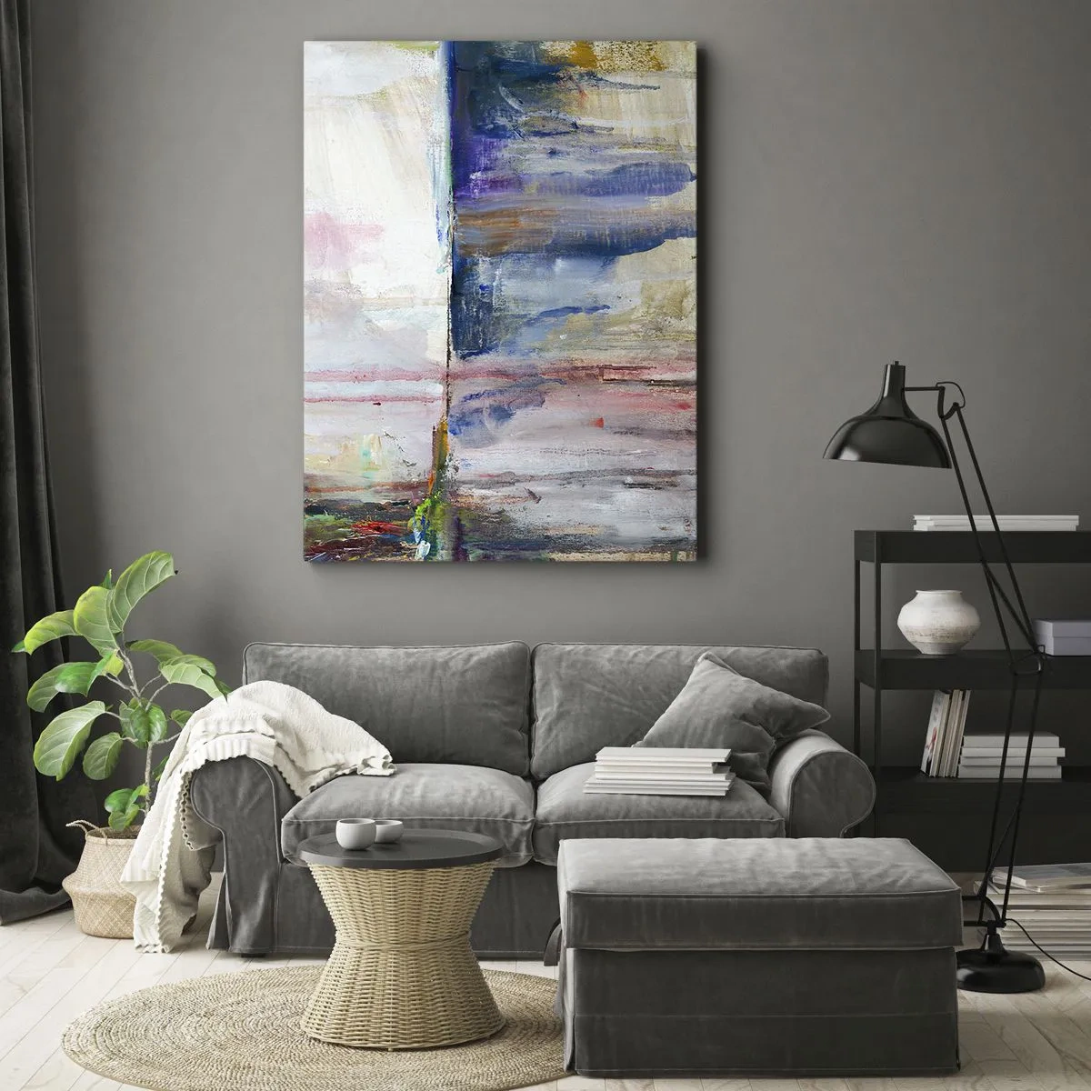 Obraz na płótnie - Abstrakcyjna kompozycja w odcieniach niebieskiego, różu i bieli - 50x70cm - Barwne wrażenia i skojarzenia - Nowoczesna dekoracja ścienna do salonu, kuchni i sypialni ARTTOR