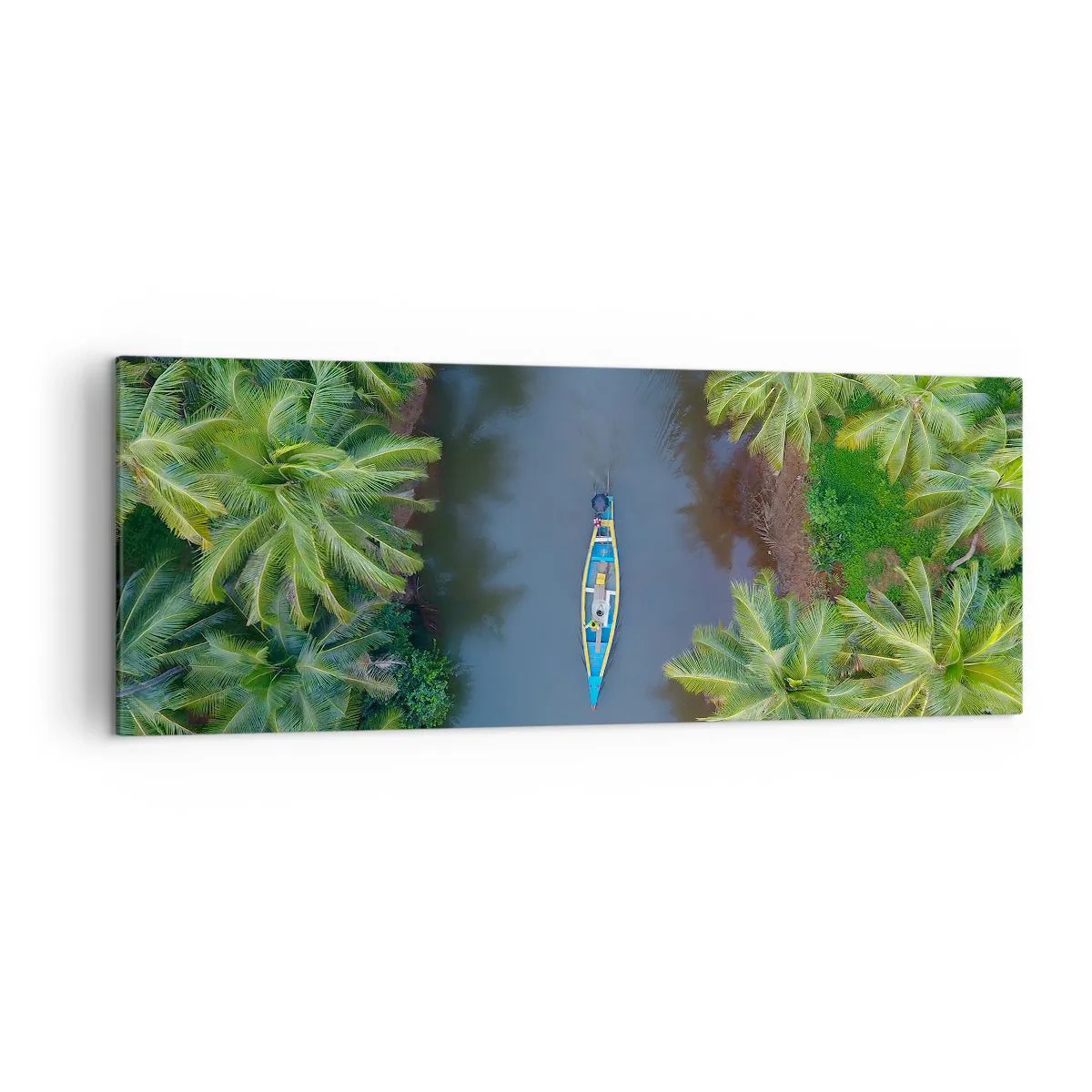 Obraz na płótnie - Łódź na rzece otoczonej palmami z lotu ptaka - 140x50cm - Na tropikalnym szlaku - Nowoczesna dekoracja ścienna do salonu i sypialni ARTTOR