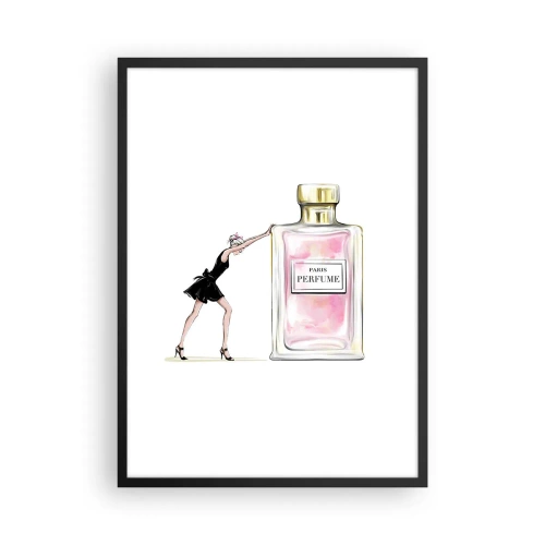 Plakat w czarnej ramie - Ilustracja butelki perfum z kobiecą sylwetką w sukience - 50x70cm - Esencja kobiecości - Nowoczesna dekoracja ścienna do salonu i sypialni ARTTOR