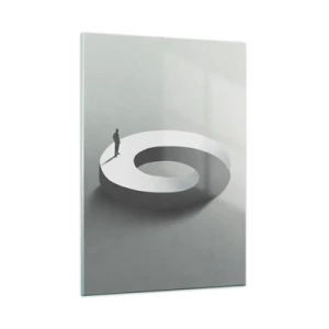 Obraz na szkle - Minimalistyczna sylwetka człowieka na białym pierścieniu - 50x70cm - I bądź tu mądry - Nowoczesna dekoracja ścienna do salonu, kuchni i sypialni ARTTOR