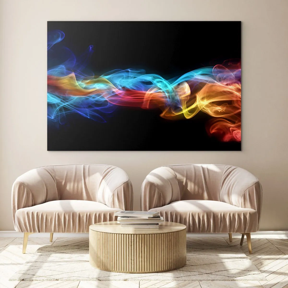 Obraz na szkle - Kolorowe smugi dymu na czarnym tle tworzące abstrakcyjny wzór - 100x70cm - Tęczowy taniec mgieł - Nowoczesna dekoracja ścienna do salonu, kuchni i sypialni ARTTOR