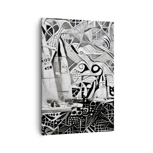 Obraz na płótnie - Abstrakcyjne żaglówki w monochromatycznej kompozycji - 70x100cm - Między falami - Nowoczesna dekoracja ścienna do salonu i sypialni ARTTOR