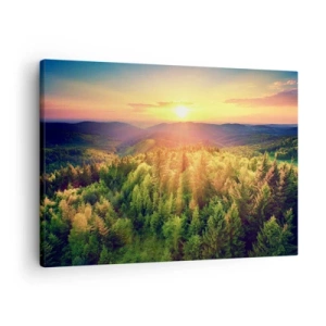 Obraz na płótnie - Leśny krajobraz z zachodem słońca nad wzgórzami - 70x50cm - Wierzchołki i szczyty - Nowoczesna dekoracja ścienna do salonu i sypialni ARTTOR