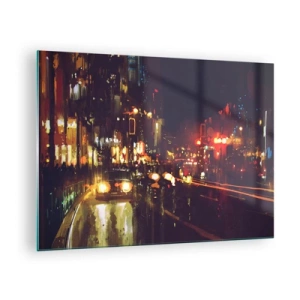 Obraz na szkle - Miejski nocny krajobraz z samochodami i światłami ulicznymi - 70x50cm - Zatopiona w światłach nocy - Nowoczesna dekoracja ścienna do salonu i sypialni ARTTOR