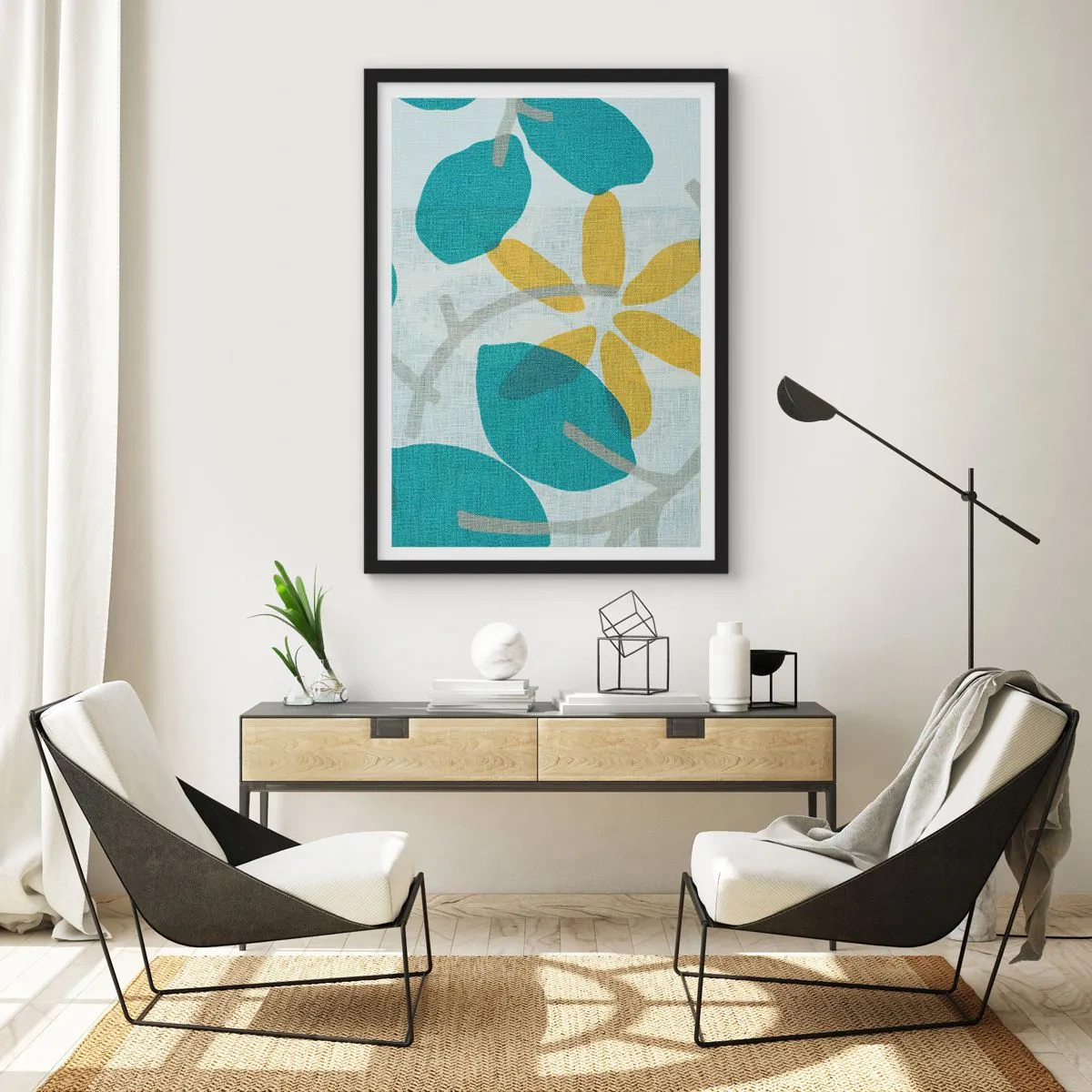 Plakat w czarnej ramie - Nowoczesna botaniczna grafika w odcieniach błękitu i żółci - 50x70cm - Wśród lazurowych liści - Nowoczesna dekoracja ścienna do salonu i sypialni ARTTOR