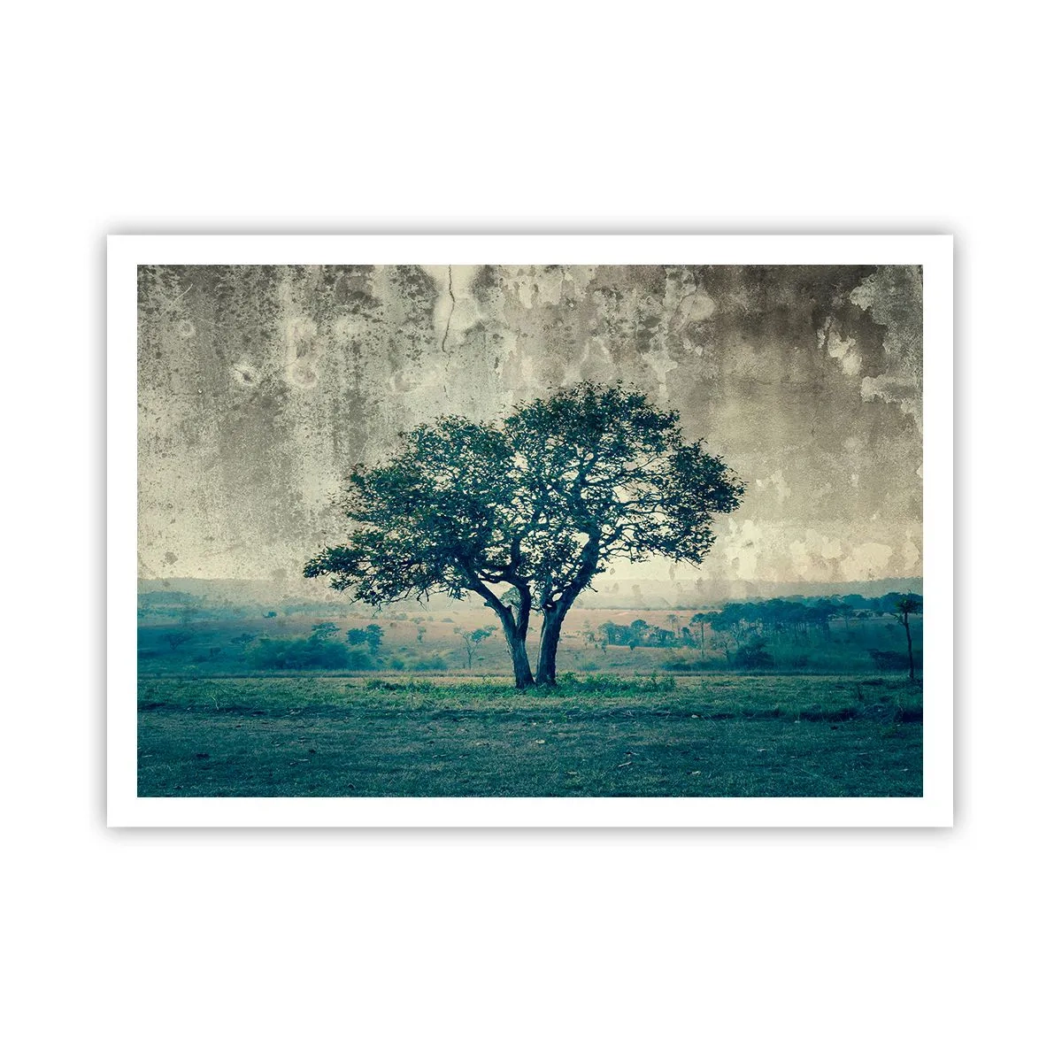 Plakat - Samotne drzewo na tle zamglonego krajobrazu - 100x70cm - Jabłoń na błękitnym błoniu? - Nowoczesna dekoracja ścienna do salonu i sypialni ARTTOR