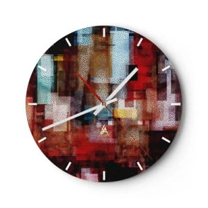 Zegar ścienny - Abstrakcyjne kompozycje w odcieniach czerwieni i złota z geometrycznym wzorem - 30x30cm - Pomieszanie z poplątaniem - Nowoczesna dekoracja ścienna do salonu, kuchni i sypialni ARTTOR