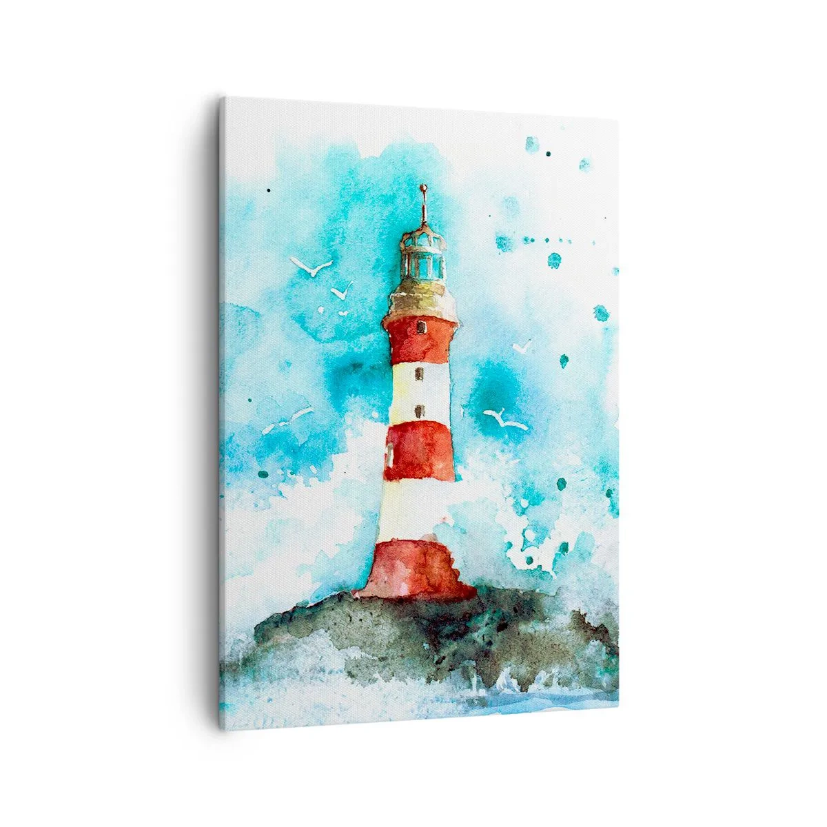Obraz na płótnie - Latarnia morska w akwarelowym stylu - 50x70cm - Jedność żywiołów - Nowoczesna dekoracja ścienna do salonu, kuchni i sypialni ARTTOR